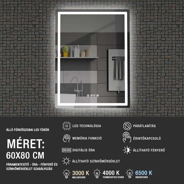 60x80cm álló fürdőszobai LED tükör | Gesztusvezérlés - Páramentesítő - Fényerő és színhőmérséklet szabályozás