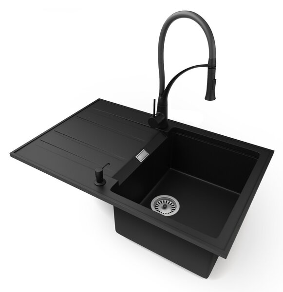 Gránit mosogatótálca NERO Signal + zuhanyfejes Duo-Flex csaptelep + adagoló (matt fekete)