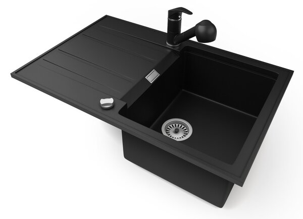 Gránit mosogatótálca NERO Signal + kihúzható zuhanyfejes Shower csaptelep + dugókiemelő (matt fekete)