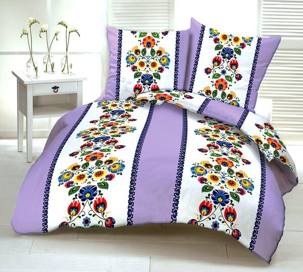 Folklór Lila csíkos pamut ágyneműhuzat TiaHome - 1x Párna 90x70cm, 1x Paplan 140x200cm