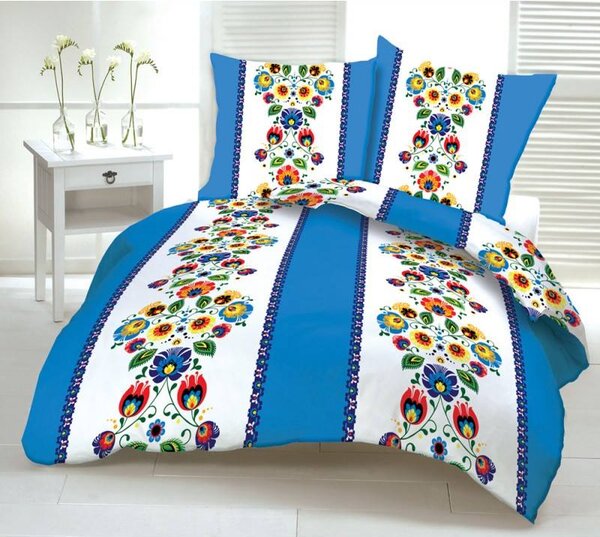 Folklór kék csíkos pamut ágyneműhuzat TiaHome - 1x Párna 90x70cm, 1x Paplan 140x200cm