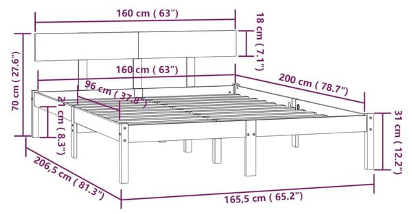 VIDAXL Fekete Tömör Fenyőfa Ágykeret - 160x200 cm