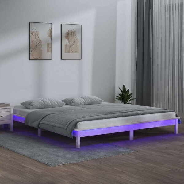 Fenyőfa Ágykeret LED-del - 200x200 cm - Fehér