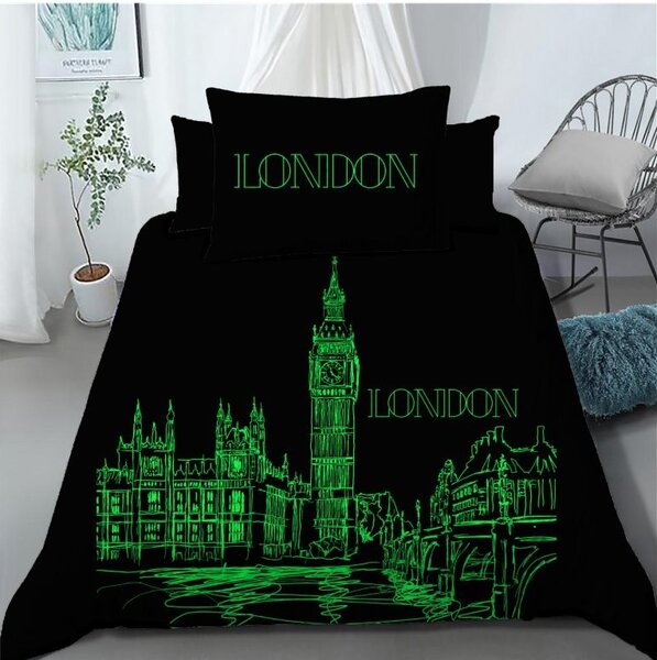 Világító pamut ágyneműhuzat Deluxe 3D nappal Párizsban éjszaka Londonban 200x140cm+90x70cm TiaHome