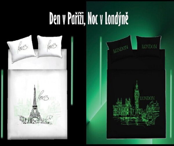 Világító pamut ágyneműhuzat Deluxe 3D nappal Párizsban éjszaka Londonban 200x140cm+90x70cm TiaHome