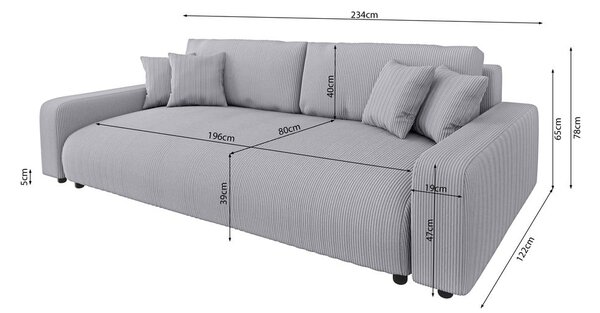 Világosszürke kordbársony kinyitható tárolóhelyes kanapé 234 cm Sara – Ropez