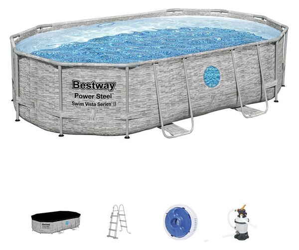 Bestway ARUBA rattan hatású fémvázas ovális medence szett ablakkal 488 x 305 x 107 cm