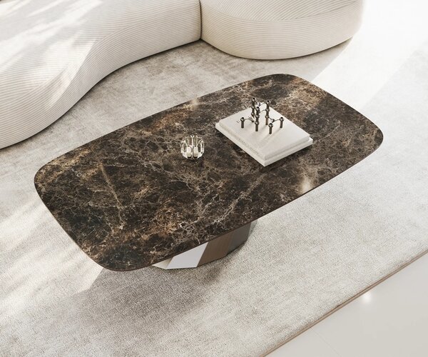DELIFE Dohányzóasztal Edge hajóformájú 140x80 cm Laminam® Emperador extra polírozott sötétbarna Parabi rozsdamentes acél szálcsiszolt