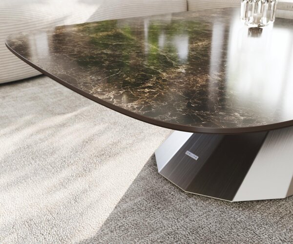 DELIFE Dohányzóasztal Edge hajóformájú 140x80 cm Laminam® Emperador extra polírozott sötétbarna Parabi rozsdamentes acél szálcsiszolt