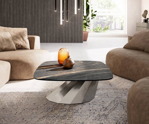 DELIFE Dohányzóasztal Edge hajóformájú 90x90 cm Laminam® kerámia Noir Desir barna Parabi rozsdamentes acél szálcsiszolt