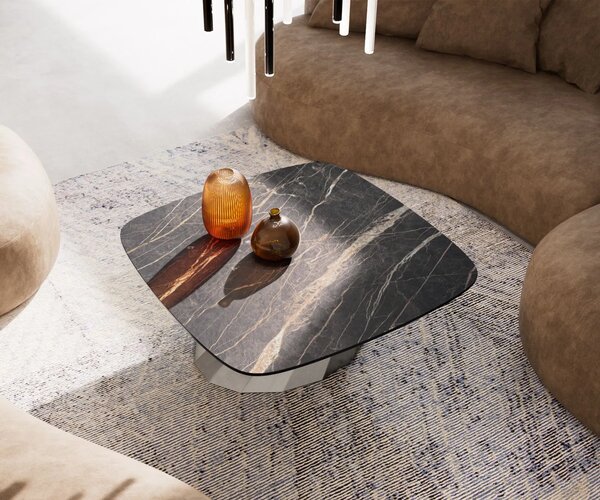 DELIFE Dohányzóasztal Edge hajóformájú 90x90 cm Laminam® kerámia Noir Desir barna Parabi rozsdamentes acél szálcsiszolt
