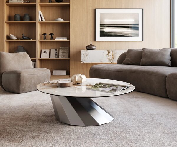 DELIFE Dohányzóasztal Edge kerek 100x100 cm kerámia Minas melange parabi rozsdamentes acél szálcsiszolt