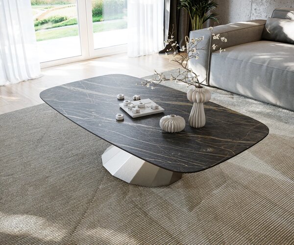 DELIFE Dohányzóasztal Edge hajóformájú 140x80 cm Laminam® kerámia Noir Desir barna Parabi rozsdamentes acél szálcsiszolt