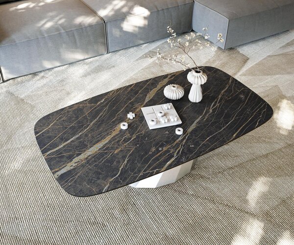 DELIFE Dohányzóasztal Edge hajóformájú 140x80 cm Laminam® kerámia Noir Desir barna Parabi rozsdamentes acél szálcsiszolt
