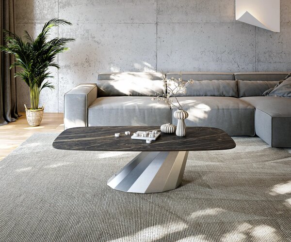 DELIFE Dohányzóasztal Edge hajóformájú 140x80 cm Laminam® kerámia Noir Desir barna Parabi rozsdamentes acél szálcsiszolt