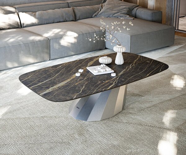 DELIFE Dohányzóasztal Edge hajóformájú 140x80 cm Laminam® kerámia Noir Desir barna Parabi rozsdamentes acél szálcsiszolt