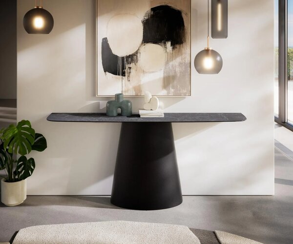 DELIFE Konzolasztal Edge hajóformájú 180x40 cm Laminam® kerámia Nero Greco antracit Conos fekete fém