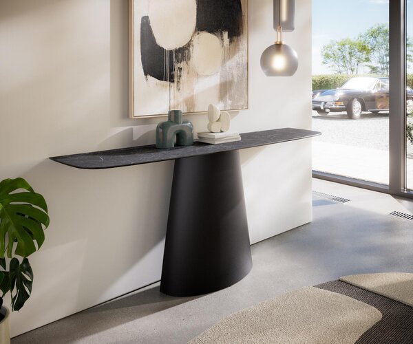 DELIFE Konzolasztal Edge hajóformájú 180x40 cm Laminam® kerámia Nero Greco antracit Conos fekete fém