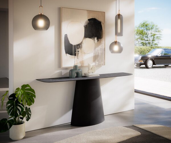 DELIFE Konzolasztal Edge hajóformájú 180x40 cm Laminam® kerámia Nero Greco antracit Conos fekete fém