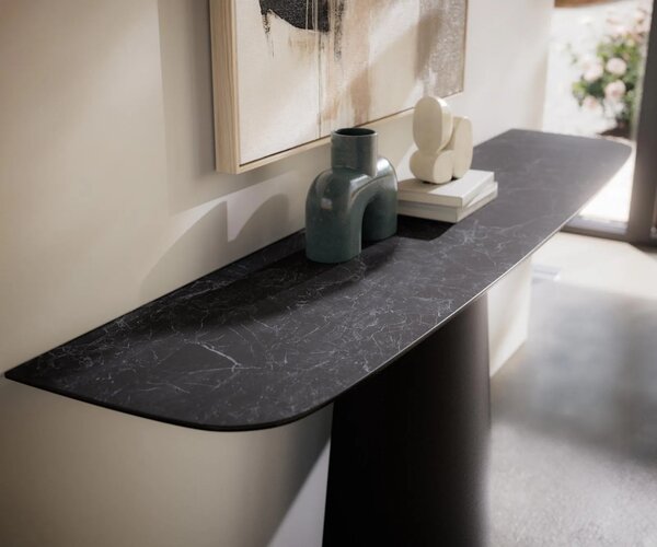 DELIFE Konzolasztal Edge hajóformájú 180x40 cm Laminam® kerámia Nero Greco antracit Conos fekete fém