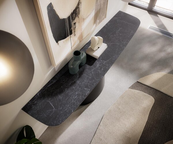 DELIFE Konzolasztal Edge hajóformájú 180x40 cm Laminam® kerámia Nero Greco antracit Conos fekete fém