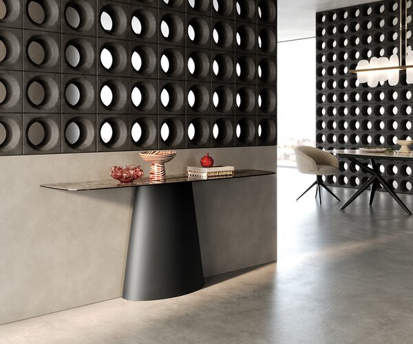 DELIFE Konzolasztal Edge hajóformájú 180x40 cm kerámia emperador extra polírozott sötétbarna kúpos fém fekete