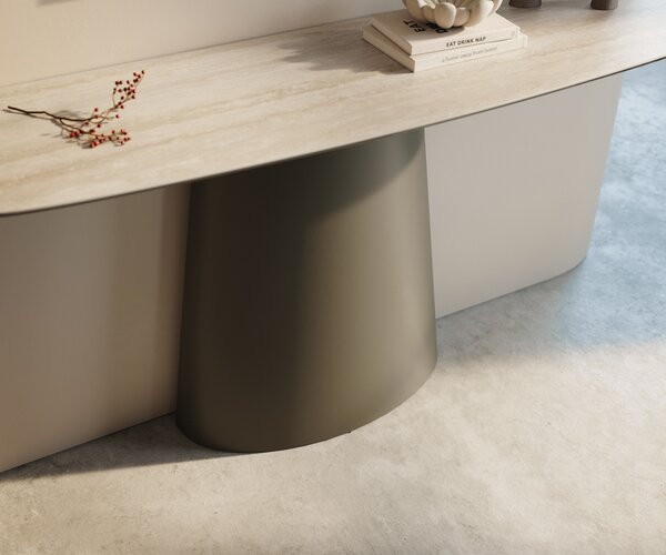 DELIFE Konzolasztal Edge hajóformájú 140x40 cm Laminam® Travertino Bianco kerámia krémfehér Conos fém titán színű effekt finish