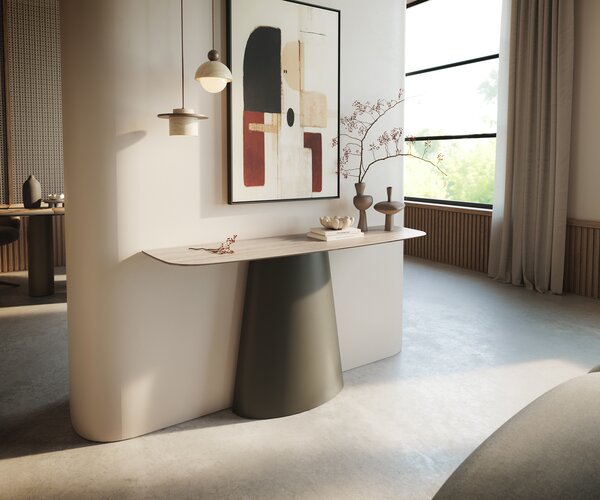 DELIFE Konzolasztal Edge hajóformájú 140x40 cm Laminam® Travertino Bianco kerámia krémfehér Conos fém titán színű effekt finish