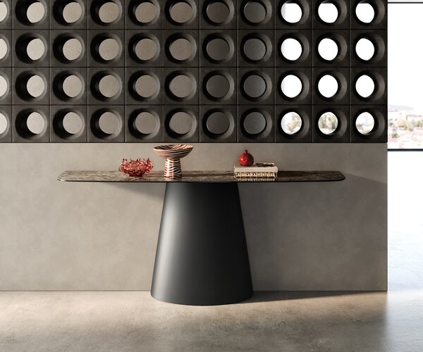 DELIFE Konzolasztal Edge hajóformájú 180x40 cm kerámia emperador extra polírozott sötétbarna kúpos fém fekete
