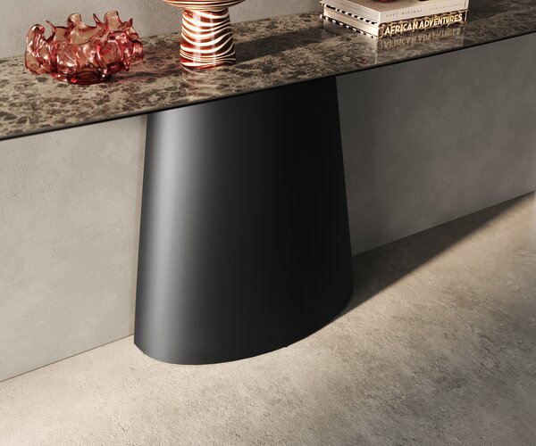 DELIFE Konzolasztal Edge hajóformájú 180x40 cm kerámia emperador extra polírozott sötétbarna kúpos fém fekete