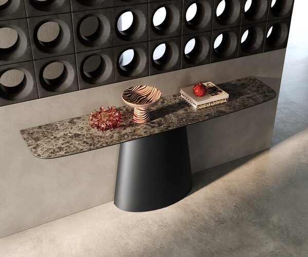 DELIFE Konzolasztal Edge hajóformájú 180x40 cm kerámia emperador extra polírozott sötétbarna kúpos fém fekete