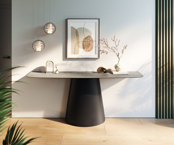 DELIFE Konzolasztal Edge hajóformájú 180x40 cm kerámia beton szürke Conos fém fekete