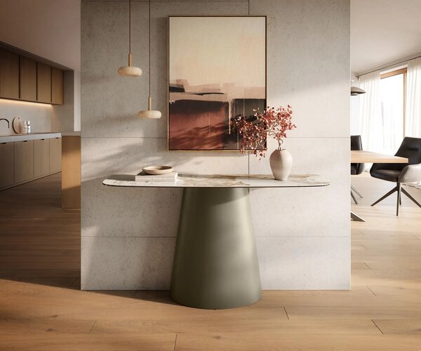 DELIFE Konzolasztal Edge hajóformájú 140x40 cm kerámia Minas melange fehér-bézs Conos fém titán színű hatású