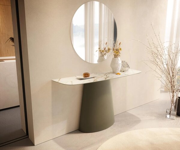 DELIFE Konzolasztal Edge hajóformájú 140x40 cm kerámia calacatta luxe fehér arany szürke Conos fém titán színű effekt finish