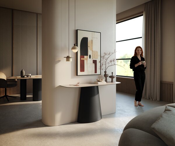 DELIFE Konzolasztal Edge hajóformájú 140x40 cm Laminam® Travertino Bianco kerámia krémfehér Conos fém fekete
