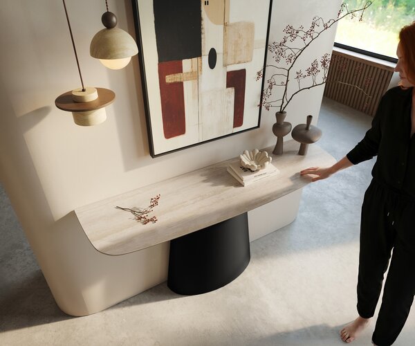 DELIFE Konzolasztal Edge hajóformájú 140x40 cm Laminam® Travertino Bianco kerámia krémfehér Conos fém fekete