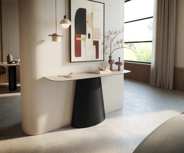 DELIFE Konzolasztal Edge hajóformájú 140x40 cm Laminam® Travertino Bianco kerámia krémfehér Conos fém fekete