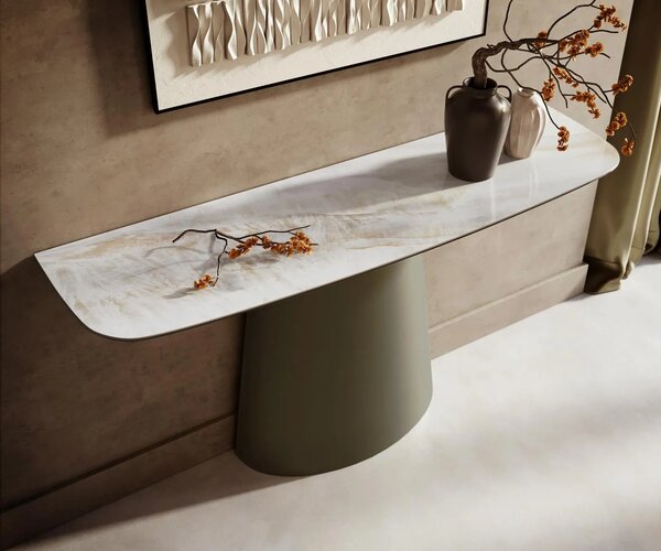 DELIFE Konzolasztal Edge hajóformájú 140x40 cm kerámia onyx pearl Conos fém titán színű effekt finish