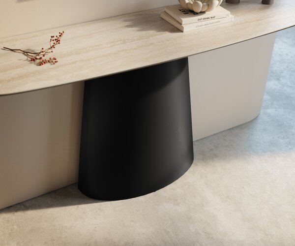 DELIFE Konzolasztal Edge hajóformájú 140x40 cm Laminam® Travertino Bianco kerámia krémfehér Conos fém fekete