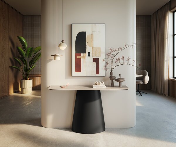 DELIFE Konzolasztal Edge hajóformájú 140x40 cm Laminam® Travertino Bianco kerámia krémfehér Conos fém fekete