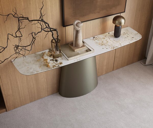 DELIFE Konzolasztal Edge hajóformájú 180x40 cm kerámia Minas melange fehér-bézs Conos fém titán színű hatású