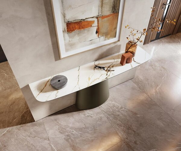 DELIFE Konzolasztal Edge hajóformájú 180x40 cm kerámia Calacatta Luxe fehér arany szürke Conos fém titán színű hatású