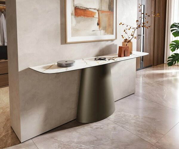 DELIFE Konzolasztal Edge hajóformájú 180x40 cm kerámia Calacatta Luxe fehér arany szürke Conos fém titán színű hatású
