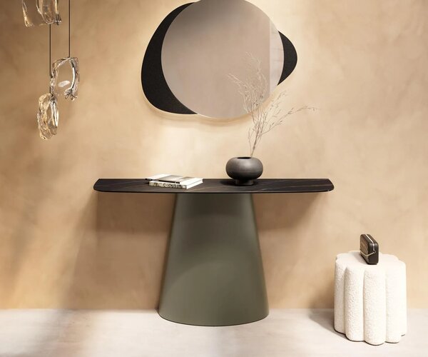DELIFE Konzolasztal Edge hajóformájú 140x40 cm Laminam® kerámia Noir Desir barna Conos fém titán effekt finish