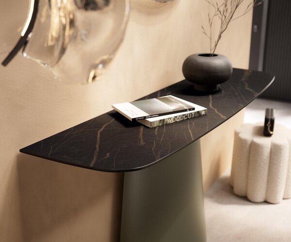 DELIFE Konzolasztal Edge hajóformájú 140x40 cm Laminam® kerámia Noir Desir barna Conos fém titán effekt finish