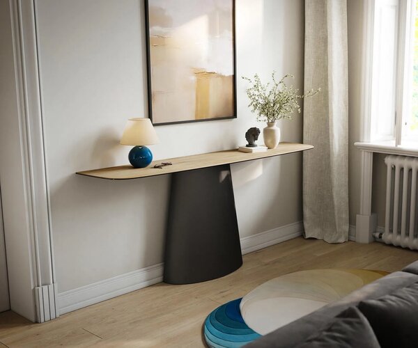 DELIFE Konzolasztal Edge hajóformájú 180x40 cm Laminam® Sabbia kerámia tölgyszínű Conos fekete fém