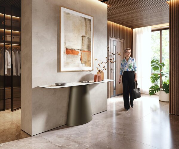 DELIFE Konzolasztal Edge hajóformájú 180x40 cm kerámia Calacatta Luxe fehér arany szürke Conos fém titán színű hatású