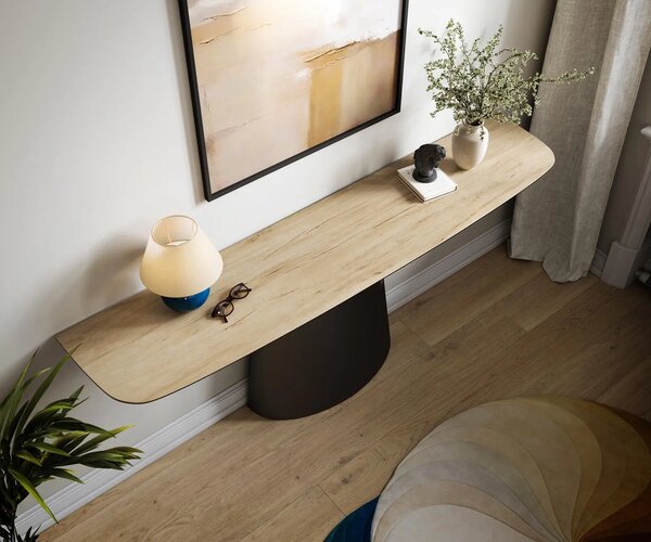 DELIFE Konzolasztal Edge hajóformájú 180x40 cm Laminam® Sabbia kerámia tölgyszínű Conos fekete fém