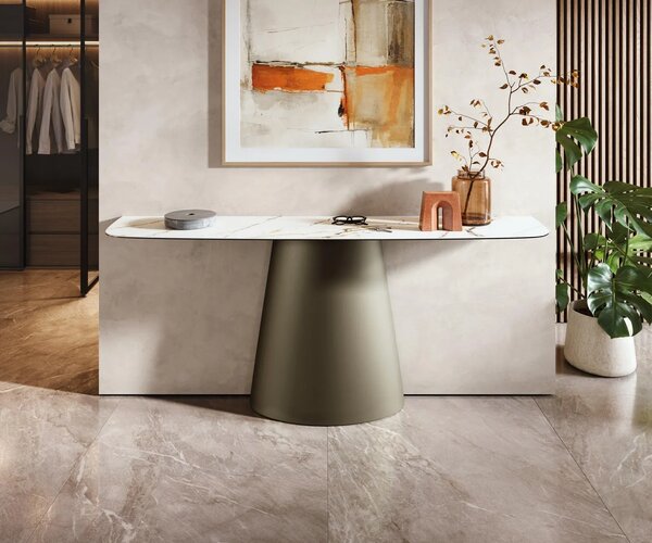 DELIFE Konzolasztal Edge hajóformájú 180x40 cm kerámia Calacatta Luxe fehér arany szürke Conos fém titán színű hatású