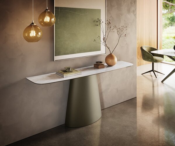 DELIFE Konzolasztal Edge hajóformájú 180x40 cm kerámia onyx pearl Conos fém titán színű effekt finish